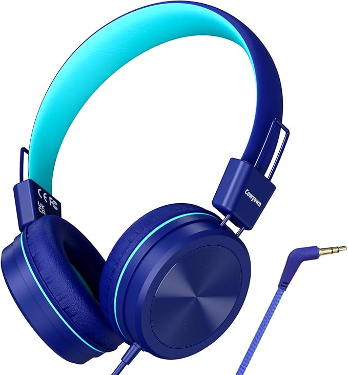 Kids Headphones, Toddler Headphones with Safe Volume Limiter 94dB, Wired School Headphones for Kid, 3.5mm Adjustable On-Ear Headphone for Boys/Girls/Children/Teens/iPad/Computer, Dark Blue