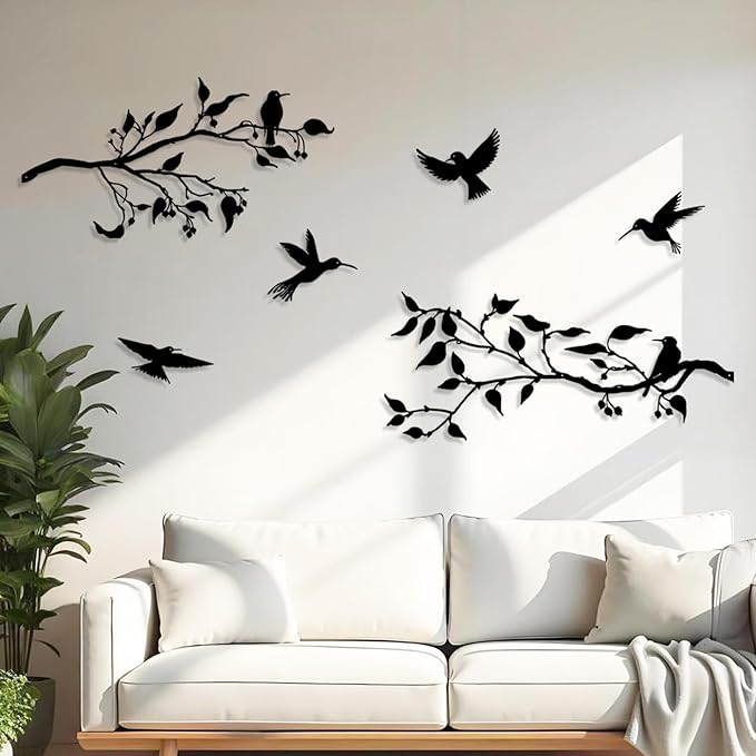Harikikochuu 4PCS Metal Birds Wall Decor, Birds on the Branch Metal Silhouette Art, Black Leaves with Bird Outdoor Hanging Wall Sculpture for Home Office Balcony Garden Decor.（Hummingbirds）