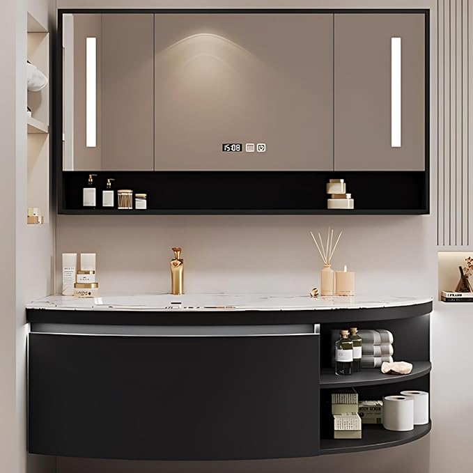 52IN Floating Bathroom Vanity, Wall Mounted Wood Sink Cabinet with Smart Sensor LED Light Strip & Open Style Side Cabinet | LED Lights & Defogging Function, Single Sink Vanities Set (Black)