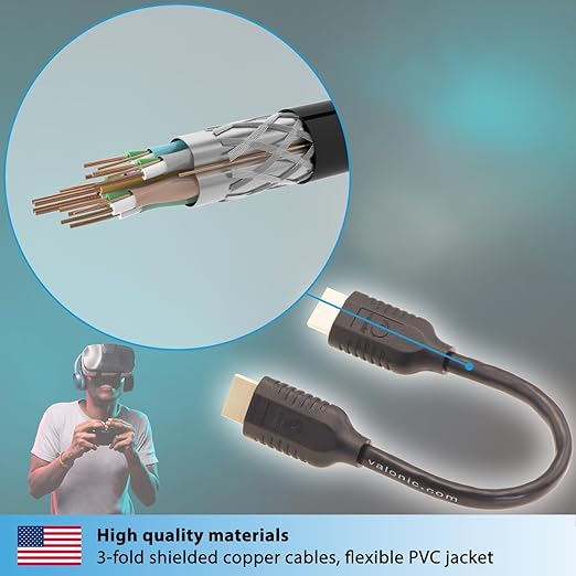 valonic Short HDMI Cable - 0.6 ft, 4k, high Speed, Ultra HD, ethernet - Compatible with Nintendo, PS5, TV, PS4, Xbox, Black, Small, Thin