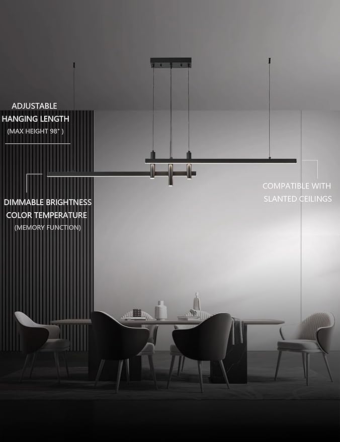 Modern Black Linear Pendant Lights Kitchen Island Lighting Minimalist Led Chandeliers Pool Table Light Dimmable Ceiling Hanging Light Fixture Dining Room with Remote Control (59in)