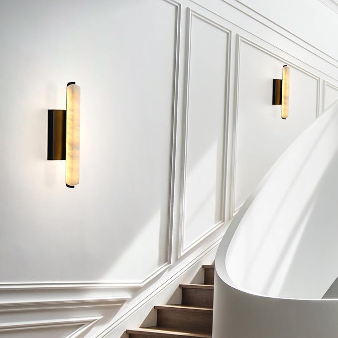 Alabaster Wall Sconces Set of Two, 15" Black Alabaster Sconce, Spanish Natural Marble Bathroom Vanity Sconces, Rectangle Modern Sconces Lighting for Bedroom Living Room Staircases Hallway