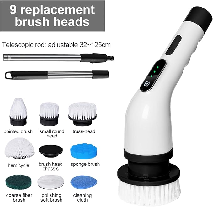 Cordless Cleaning Brush Scrubber for Home, Electric Spin Scrubber, 9 Replaceable Brush Heads, 50Mins Work Time, 3 Adjustable Size, 3 Strong Speeds for Bathroom Shower Bathtub Car Glass, Black Color