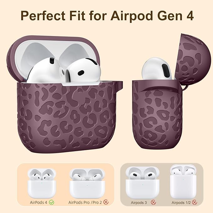 Leopard Engraved AirPods 4 Case Cover 2024, Soft Silicone Protective Case for Women, Cute AirPod Case Accessories with Keychain (Smoke Violet)
