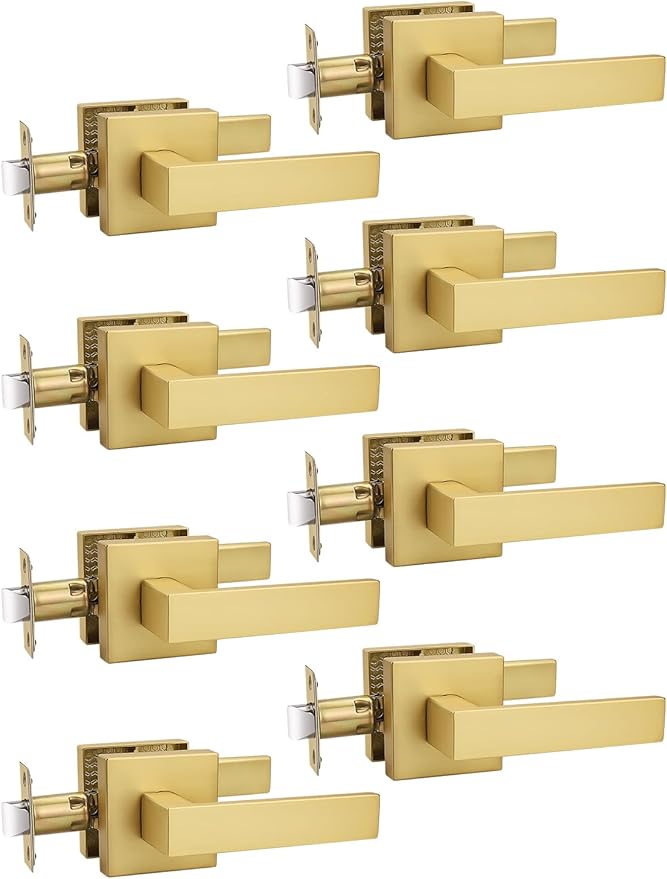 8 Pack Gold Keyless Square Levers Handles, Satin Brass Finish, Interior Passage Door Locksets for Hall Closet Door Knobs Lock Reversible Right & Left Handed