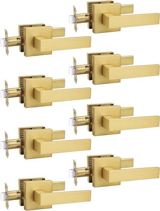8 Pack Gold Keyless Square Levers Handles, Satin Brass Finish, Interior Passage Door Locksets for Hall Closet Door Knobs Lock Reversible Right & Left Handed