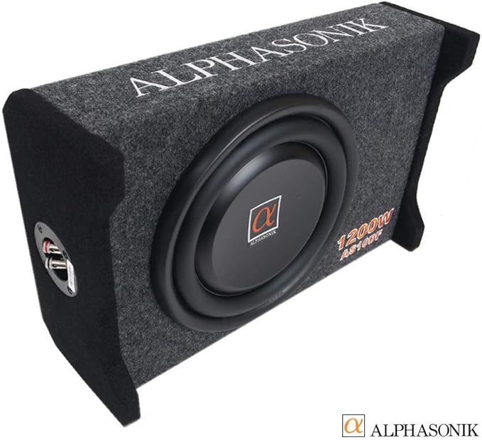 Alphasonik AS10DF 10" 1200 Watts 4-Ohm Down Fire Shallow Mount Flat Enclosed Sub woofer for Tight Spaces in Cars and Trucks, Slim Thin Loaded Subwoofer Air Tight Sealed Bass Enclosure