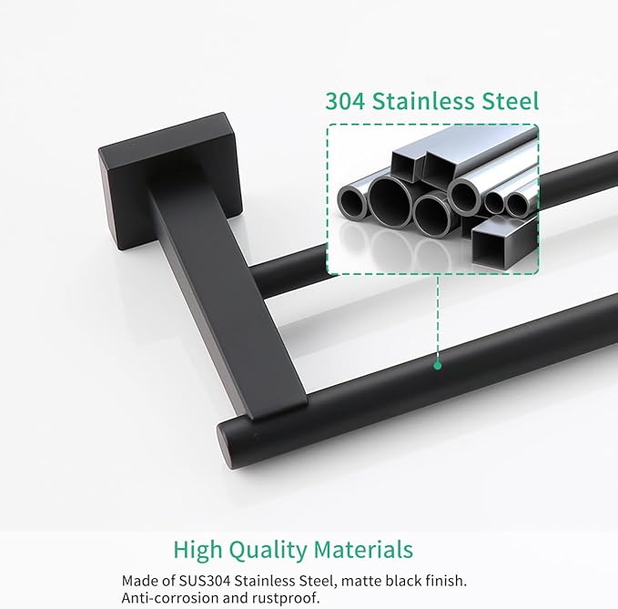 Miyili Matte Black 5-Piece Bathroom Hardware Kit Set Stainless Steel Wall Mount - Includes Double Towel Bar, Hand Towel Rack, Toilet Paper Holder, 2X Robe Hook, BS02B5