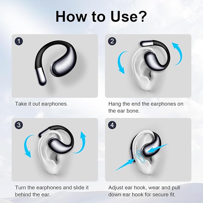 Wireless Earbuds,Open Ear Earbuds - Bone Conduction Headphones,Running Headphones,Waterproof Deep Bass Earphones for Fitness and Running, Sports Headphones,Sweat-Resistant for Workouts (Black)