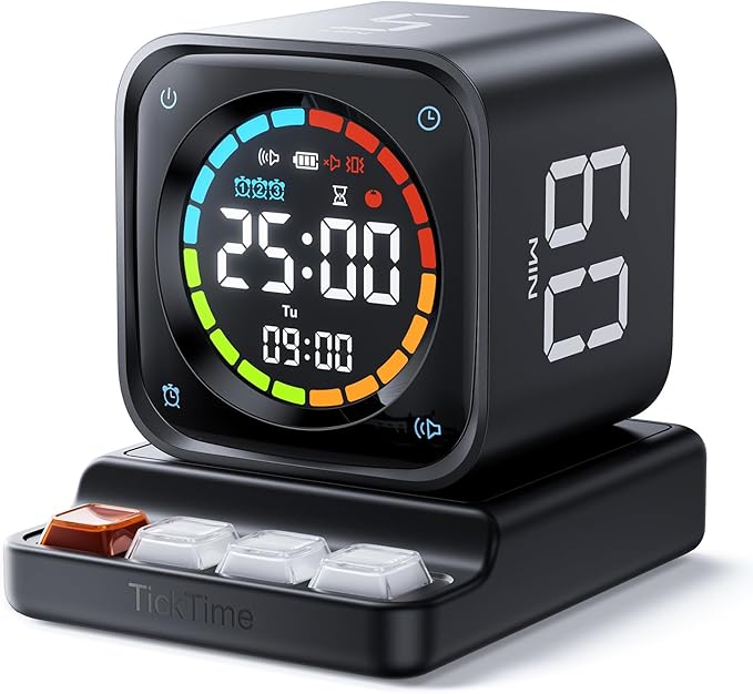 TK3 Pomodoro Timer Cube, Desk Productivity Timer with 5/10/30/60 Min Presets, Custom Countdown, Stopwatch, Clock, 3 Alarm, Silent, Vibrate & Sound Alert, for Task, ADHD, Study, Kitchen, Black