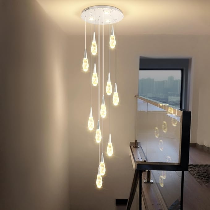H118 Chandeliers for High Ceiling Chrome Modern Crystal Pendant Light 12-Lights Crystal Raindrop Chandelier for Living Room Staircase Villa