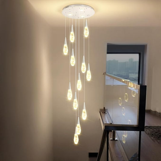 H118 Chandeliers for High Ceiling Chrome Modern Crystal Pendant Light 12-Lights Crystal Raindrop Chandelier for Living Room Staircase Villa