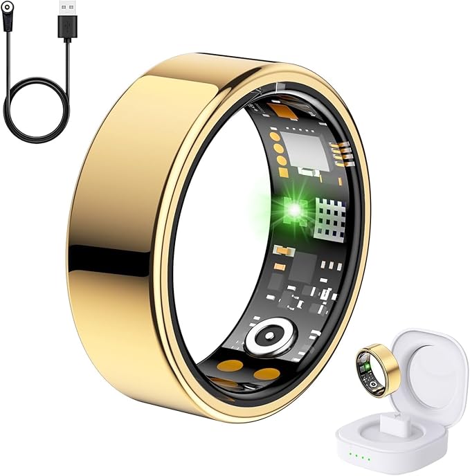 Health Tracker Ring, Smart Health Ring for Women Men with Heart Rate, Blood Oxygen, Sleep Monitor, Steps,Calories, No Subscription Fee, IP68 Waterproof Smart Ring for iPhone & Android (Gold, 6#)
