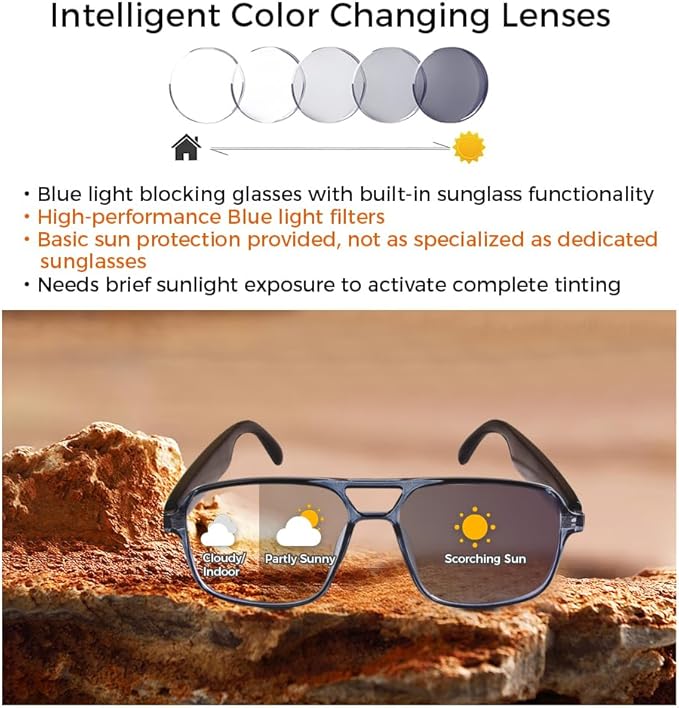 Smart Glasses Bluetooth Audio Glasses Sunglasses Blue Light Glasses for Men Women Color-Change UV Protection Dual Mic