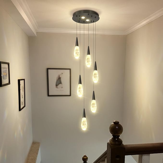 Modern Crystal Chandelier 6-Lights Pendant Chandeliers for Staircase Black Kitchen Pendant Light Fixture Hanging Lighting for Dining Room Living Room Bedroom Entryway