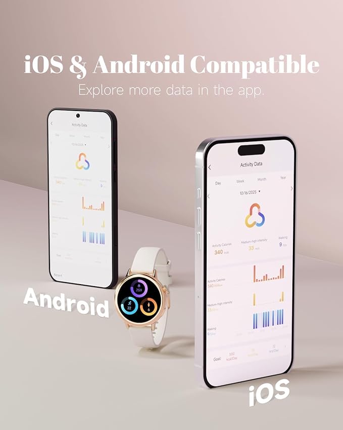 TOOBUR Petite Smart Watch for Women, 1.1'' AMOLED Screen Smartwatch, Android & iOS Phones Compatible, Answer/Make Calls, Fitness Tracker with Heart Rate/Step/Calories Monitor, 100+ Sports Modes, Beige