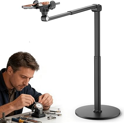 Overhead Phone Stand for Desk, 2-Section Telescoping Tripod