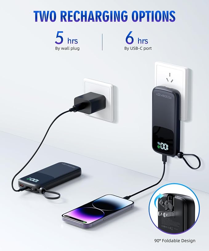 Portable-Charger-Power-Bank - 15000mAh Power Bank Supports PD 30W Fast Charging Built-in AC Wall Plug and 2 Output Cables with LED Display for iPhone iPad and Most Electronic Devices(Black)