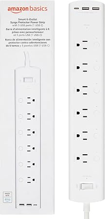 Amazon Basics Smart Plug Power Strip with 6 Individually Controlled Outlets and 3 USB Ports (2 USB-A and 1 USB-C), WiFi, Works with Alexa Only, 2.4 GHz, No Hub Required, White