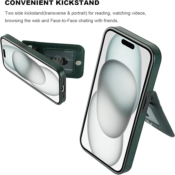 KIHUWEY Compatible with iPhone 15 Case Wallet with Credit Card Holder, Flip Premium Leather Magnetic Clasp Kickstand Heavy Duty Protective Cover for iPhone 15 6.1 Inch (Dark Green)