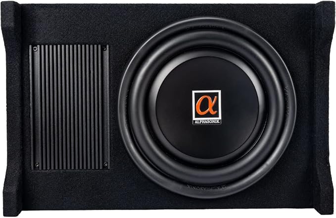Alphasonik AS100A 10" 1200 Watts with a Built-in Amplifier Down-Firing Shallow Mount Enclosed for Tight Spaces in Cars and Trucks, Slim Thin Loaded Subwoofer Air Tight Sealed Bass Enclosure
