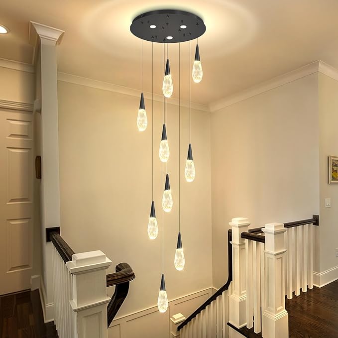 H98 Modern Chandelier for Stairway 9-Lights Crystal Raindrop Chandelier Black Pendant Light for Staircase Living Room Entryway LED Dimmable High Ceiling Chandeliers with Remote