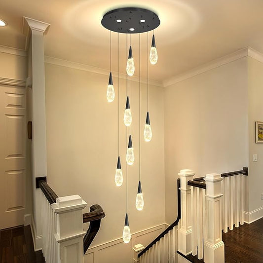 H98 Modern Chandelier for Stairway 9-Lights Crystal Raindrop Chandelier Black Pendant Light for Staircase Living Room Entryway LED Dimmable High Ceiling Chandeliers with Remote