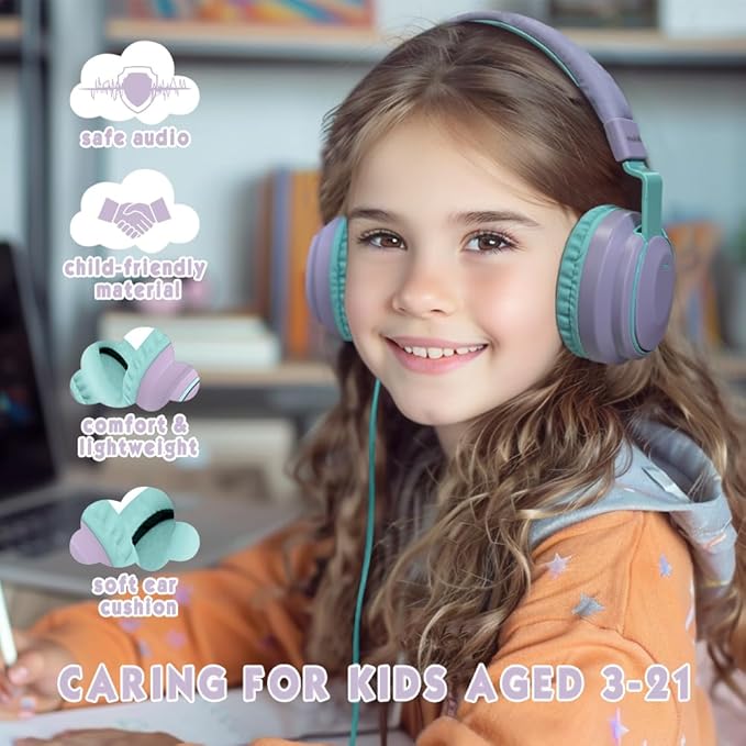 Headphone Kids Volume Limited 85/94dB Wired Over-Ear/On-Earr Foldable Headset with Inline Cable Aux 3.5mm Cord Mic for Toddler Boy Girl Child Back to School Pad Tablet Light Purple