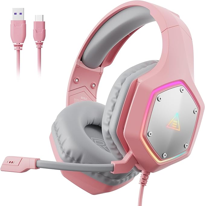 EKSA E1000 V2 Gaming Headset, PC Headset with USB C Plug, Wired Headphones with Noise Canceling Microphone, 7.1 Surround Sound, RGB Light, include USB Adapter for Computer,Mac, PS4/PS5 Console, Laptop