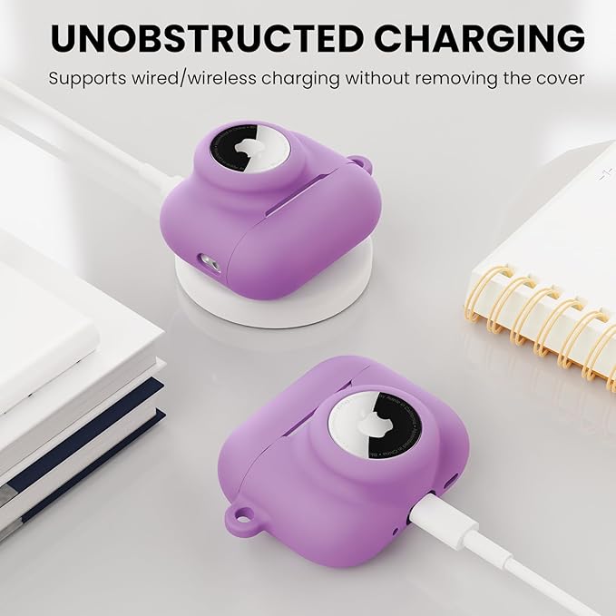 2 in 1 Silicone Case Compatible with AirPods Pro 3 and AirTag 2/1, Shockproof Protective Case Cover for AirPods Pro 3rd Generation 2025 with Cleaner Kit & Carabiner (Purple)