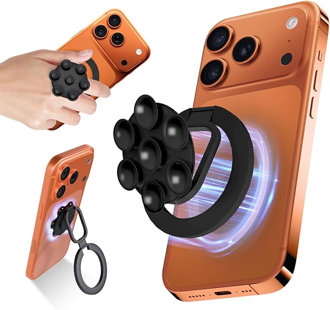 4 in 1 Sticky Phone Grip Holder for Magsafe,Double Sided/Suction Cup Case Mount,Magnetic Phone Stand for iPhone 17/16/15/14/13/12 Pro Max,Vacuum Ring Holder for Kindle/Android/Tiktok Content Creator
