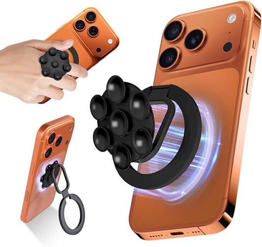 4 in 1 Sticky Phone Grip Holder for Magsafe,Double Sided/Suction Cup Case Mount,Magnetic Phone Stand for iPhone 17/16/15/14/13/12 Pro Max,Vacuum Ring Holder for Kindle/Android/Tiktok Content Creator
