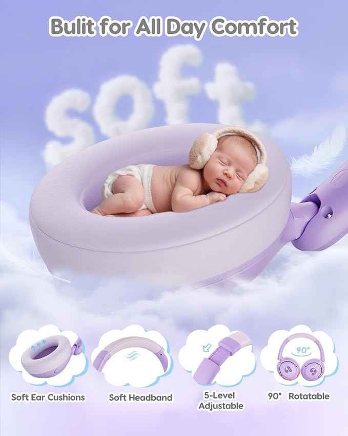 Kids Bluetooth Headphones, 85dB Volume Limiter, Foldable Wireless Over-Ear Headphones for iPad, Travel, 75H Playtime, Bluetooth 5.4, Built-in Mic, Purple