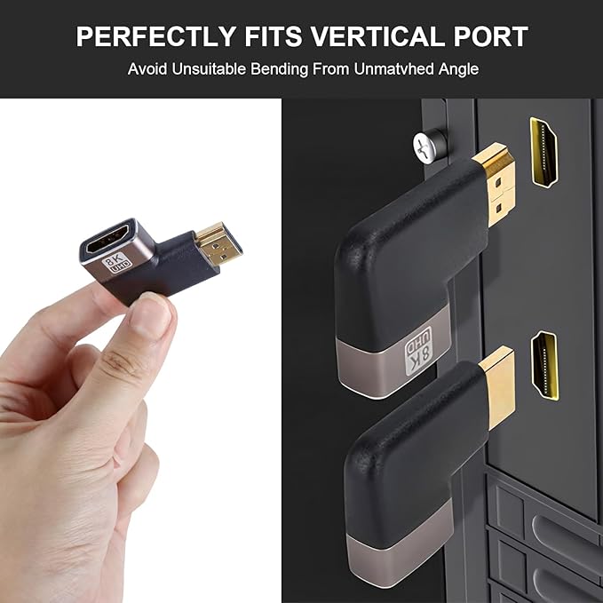 HDMI Coupler 8K, 90 Degree and 270 Degree Gold Plated Adapter 2 Pack, Right Angle HDMI Male to Female Vertical Adapter HDMI Flat Extender, Supports 8K@60Hz，4K@120Hz, for HDTV, Xbox, PS5, 2 Pack