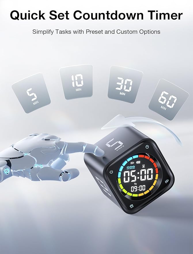 TK3 Pomodoro Timer Cube, Desk Productivity Timer with 5/10/30/60 Min Presets, Custom Countdown, Stopwatch, Clock, 3 Alarm, Silent, Vibrate & Sound Mode, for Task, ADHD, Study, Kitchen (Obsidian Black)
