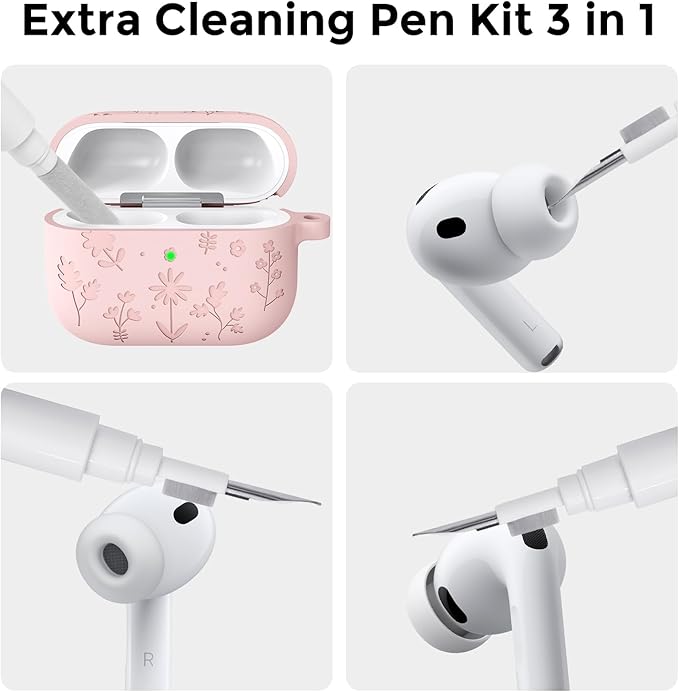 AhaStyle AirPods Pro 3 Case Cover (2025) Flower Engraved Cute Silicone AirPods Pro 3rd Generation Case Full Body Shockproof Cover Skin for Apple AirPods Pro 3rd Gen with Cleaning Kit for Women Girls