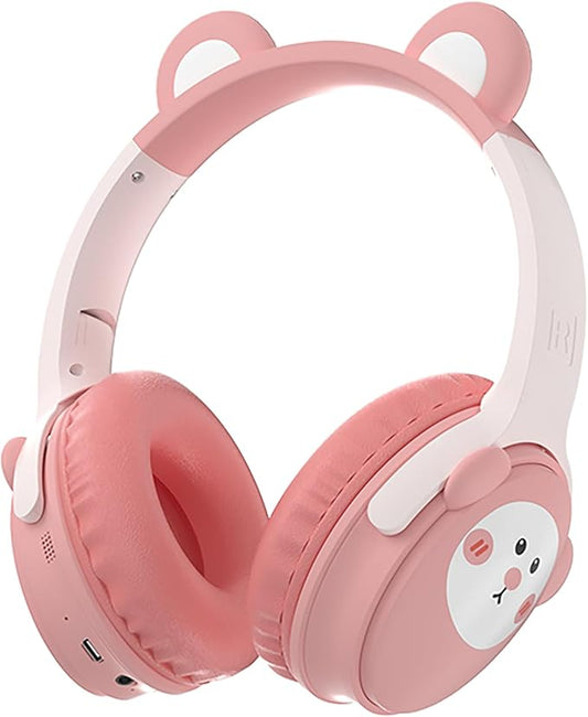Kids Bluetooth Headphones， 85dB Safe Volume Limit, Stereo，Foldable Cute Up Cat Ear Children，Cartoon Animal Design,Ultra-Soft Over-Ear,Suitable for School & Travel (Pink)