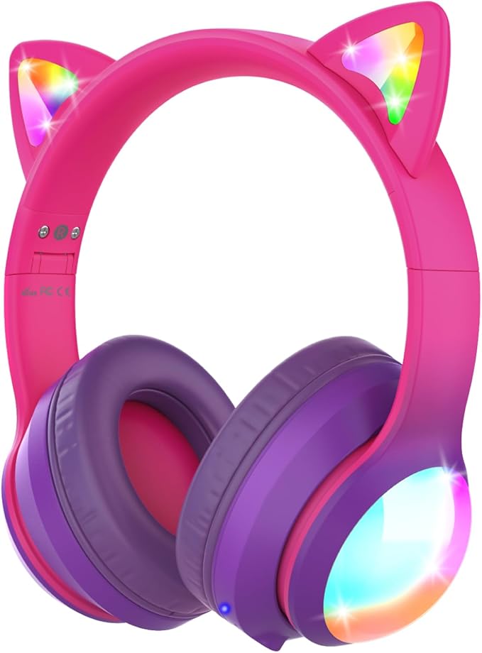 FosPower Kids Bluetooth 5.2 Headphones with LED Cat Ears (85/94dB Safe Volume Limit) Foldable Wireless or Wired Headset with 100hr Play Time and 3.5mm Cable for School/Travel - Hot Pink/Purple