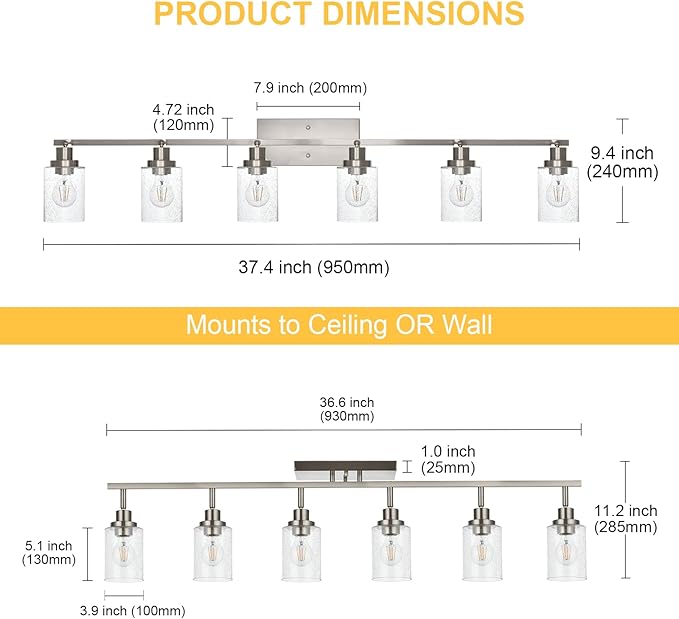 6-Light Brushed Nickel Kitchen Track Lighting Fixtures Ceiling Mount Track Lighting Kit with Bubble Seeded Glass Shade Modern Bathroom Tracking Vanity Lights Ceiling Tracking Accent Shop Light