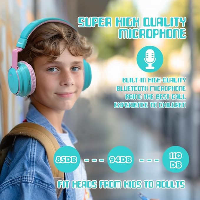 Kids Headphones Bluetooth 5.3 Wireless Lightweight Fast Charging 68 Hours Play Time Volume Limited 85/94dB Over Ear Foldable with Built-in Mic for Toddler Boy Girl Tablet Pad Cyan