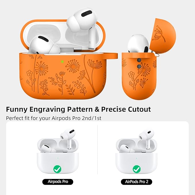 Lerobo Flower Engraved Cover for Airpod Pro 2/Pro Case Cover, Cute Soft Silicone Skin Full Protective case for Airpods Pro 2nd Generation/1st Generation with Keychain Orange