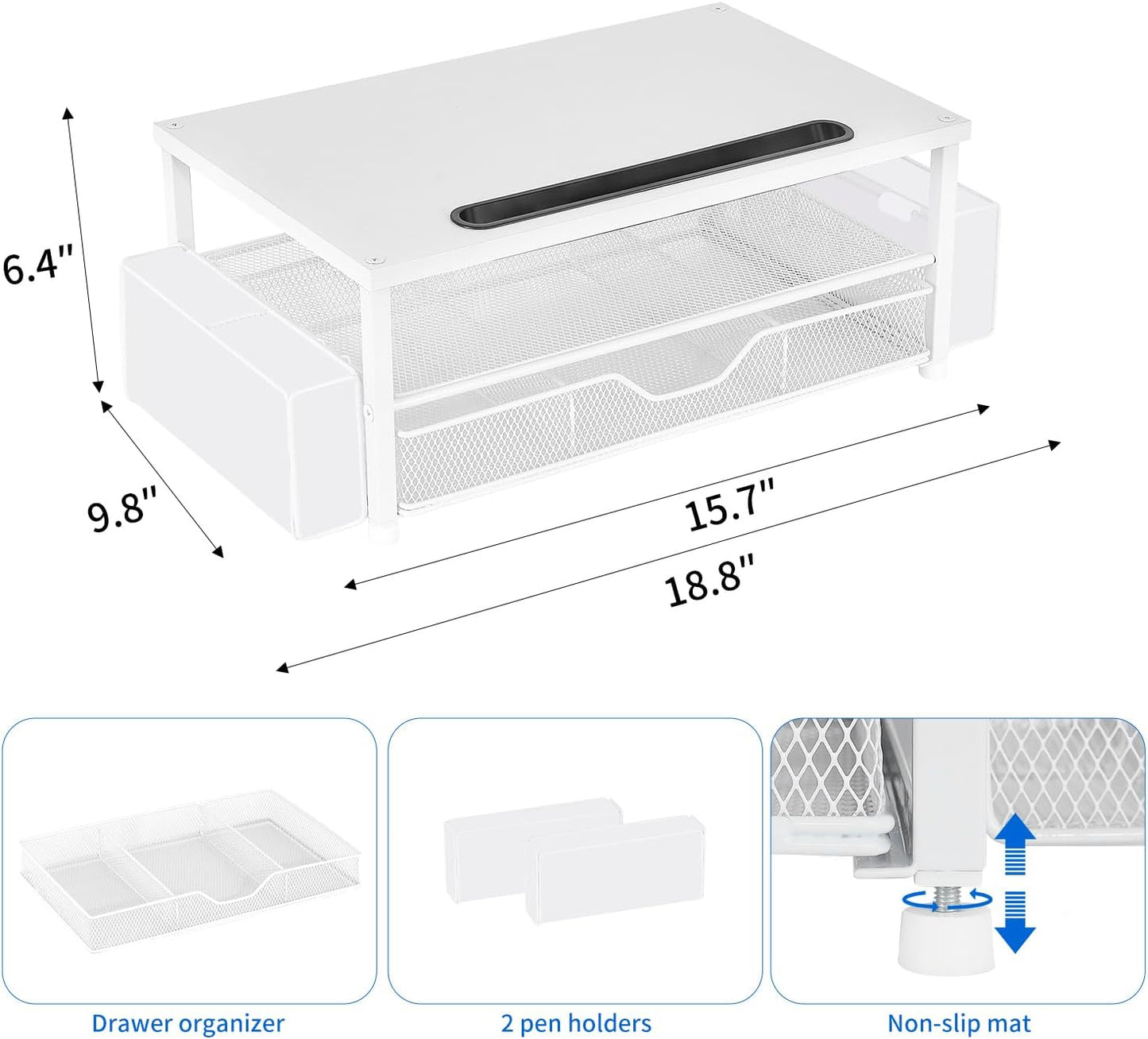 AUPSEN White Monitor Stand Riser, 2-Tier Wood Computer Desk Organizer with Drawer, Pen Storage & Phone Holder, Office Desk Accessories Desktop Organizer for Office Supplies