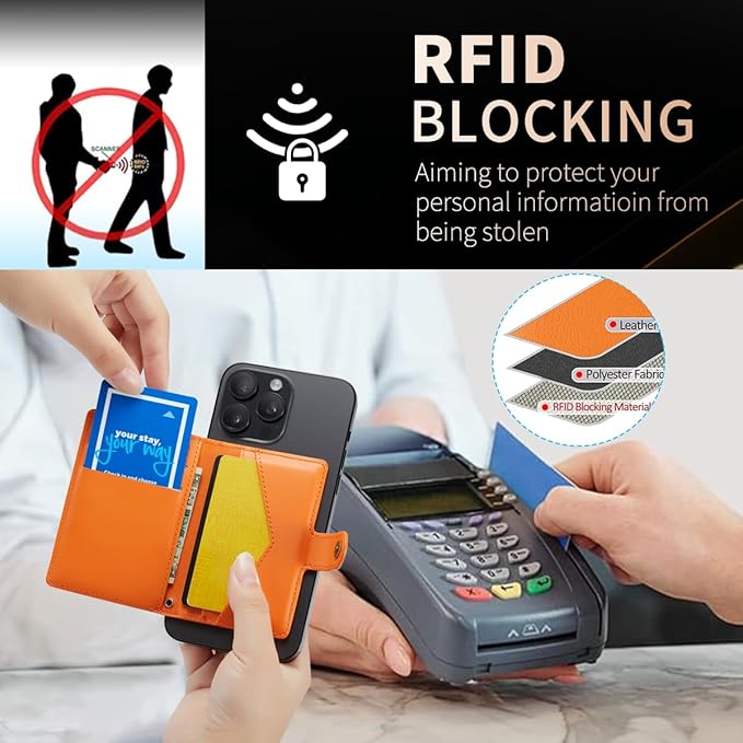 for Apple Magsafe Wallet,PU Leather Magnetic Wallet for iPhone 16/15/14/13/12 pro Max/Mini/plus,5 Card Holders with RFID Blocking (Orange)