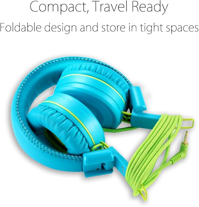 noot products Kids Headphones K22 Foldable Stereo Tangle-Free 5ft Long Cord 3.5mm Jack Plug in Wired On-Ear Headset for iPad/Amazon Kindle Fire/Boys/Girls/Laptop/School/Tablet (Teal/Lime)
