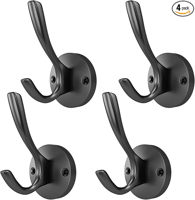 ZUONAI Black Coat Hooks 4 Pack Matte Black Hooks for Hanging Coats and Hat Hook Door Towel Hooks for Bathrooms Wall Mounted Double Metal Robe Hook Kitchen Hanger Sturdy Coat Locker Single