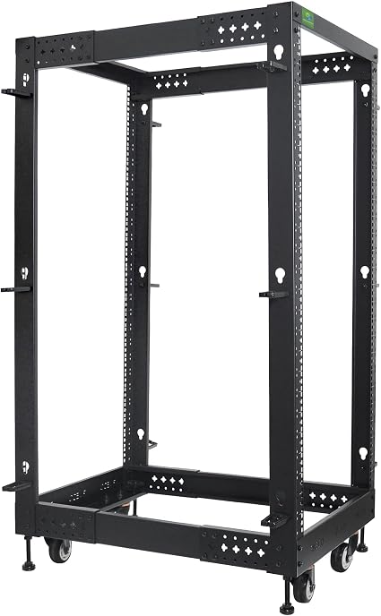 RIVECO 25U Server Rack Adjustable Depth Network 4 Post Cabinet Open Frame with Leveling Feet & Wheels Fully Rivets 1400 LBS
