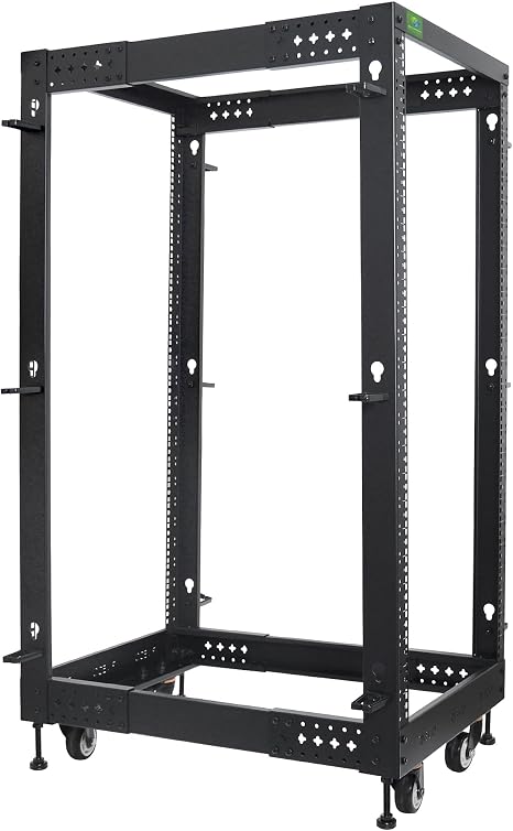 RIVECO 25U Server Rack Adjustable Depth Network 4 Post Cabinet Open Frame with Leveling Feet & Wheels Fully Rivets 1400 LBS