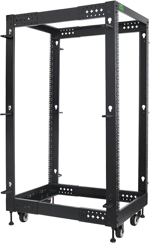 RIVECO 25U Server Rack Adjustable Depth Network 4 Post Cabinet Open Frame with Leveling Feet & Wheels Fully Rivets 1400 LBS