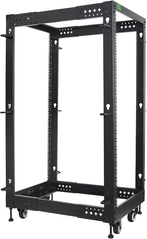 RIVECO 25U Server Rack Adjustable Depth Network 4 Post Cabinet Open Frame with Leveling Feet & Wheels Fully Rivets 1400 LBS