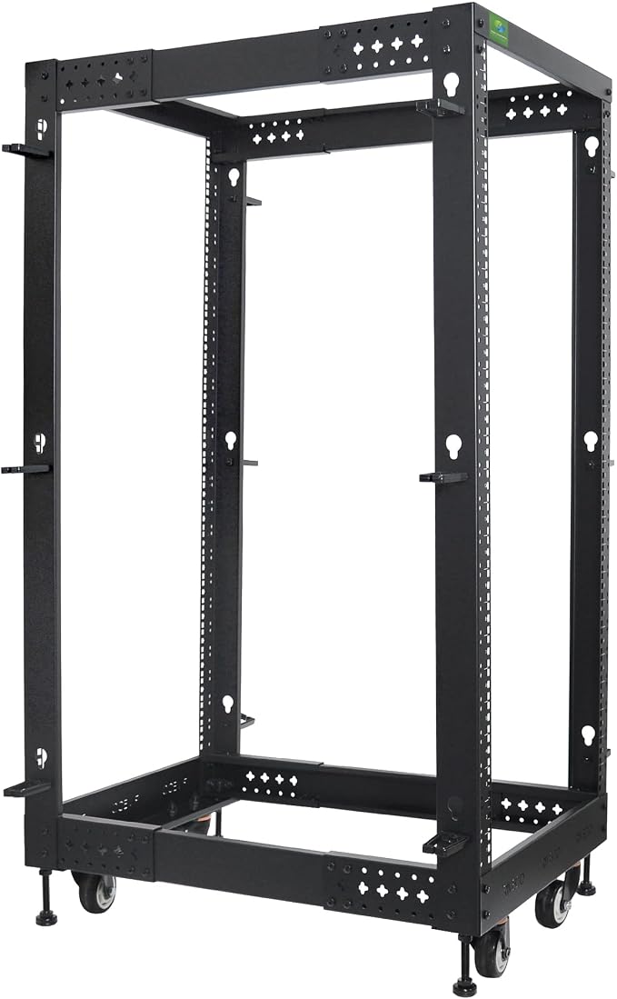 RIVECO 25U Server Rack Adjustable Depth Network 4 Post Cabinet Open Frame with Leveling Feet & Wheels Fully Rivets 1400 LBS